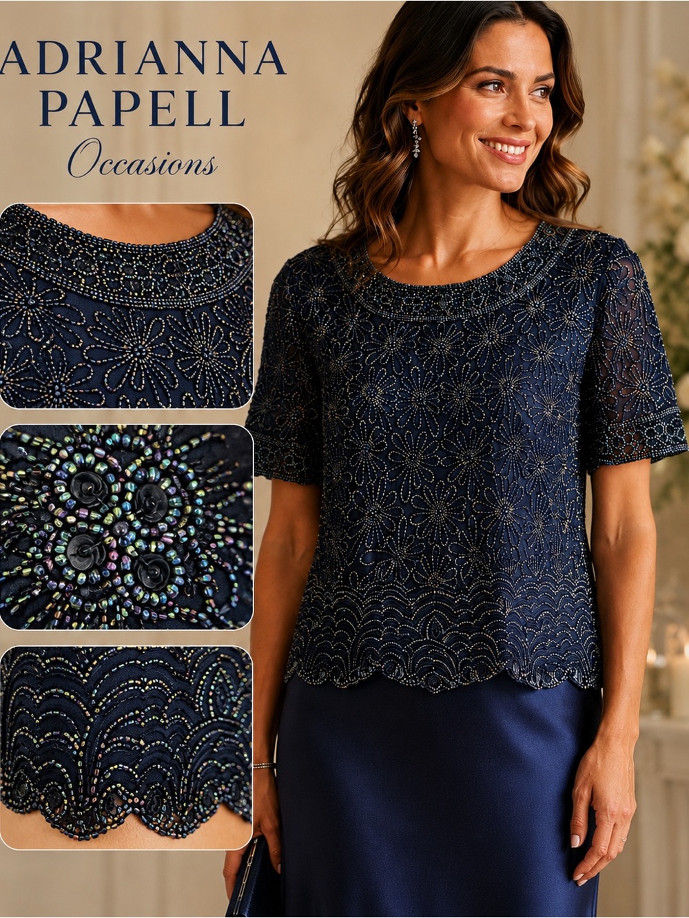 VTG Adrianna Papell Occasions Beaded Silk Top Blue Iridescent Floral Blouse 14